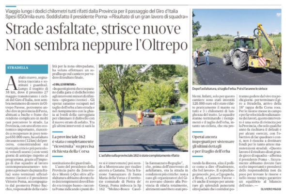 Giro d’Italia: il grande lavoro della Provincia di Pavia per sistemare le strade provinciali oggetto del passaggio della tappa che arriverà a Stradella