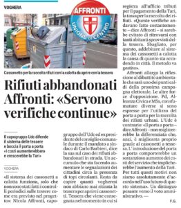 RIFIUTI ABBANDONATI, AFFRONTI (UDC): SERVONO PIÙ CONTROLLI, NON AUMENTI DI COSTI